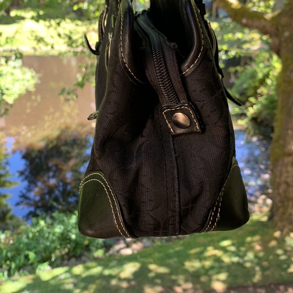 Vintage Fossil Shoulder bag large black leather canvas silver hardware Y2K - Picture 6 of 15